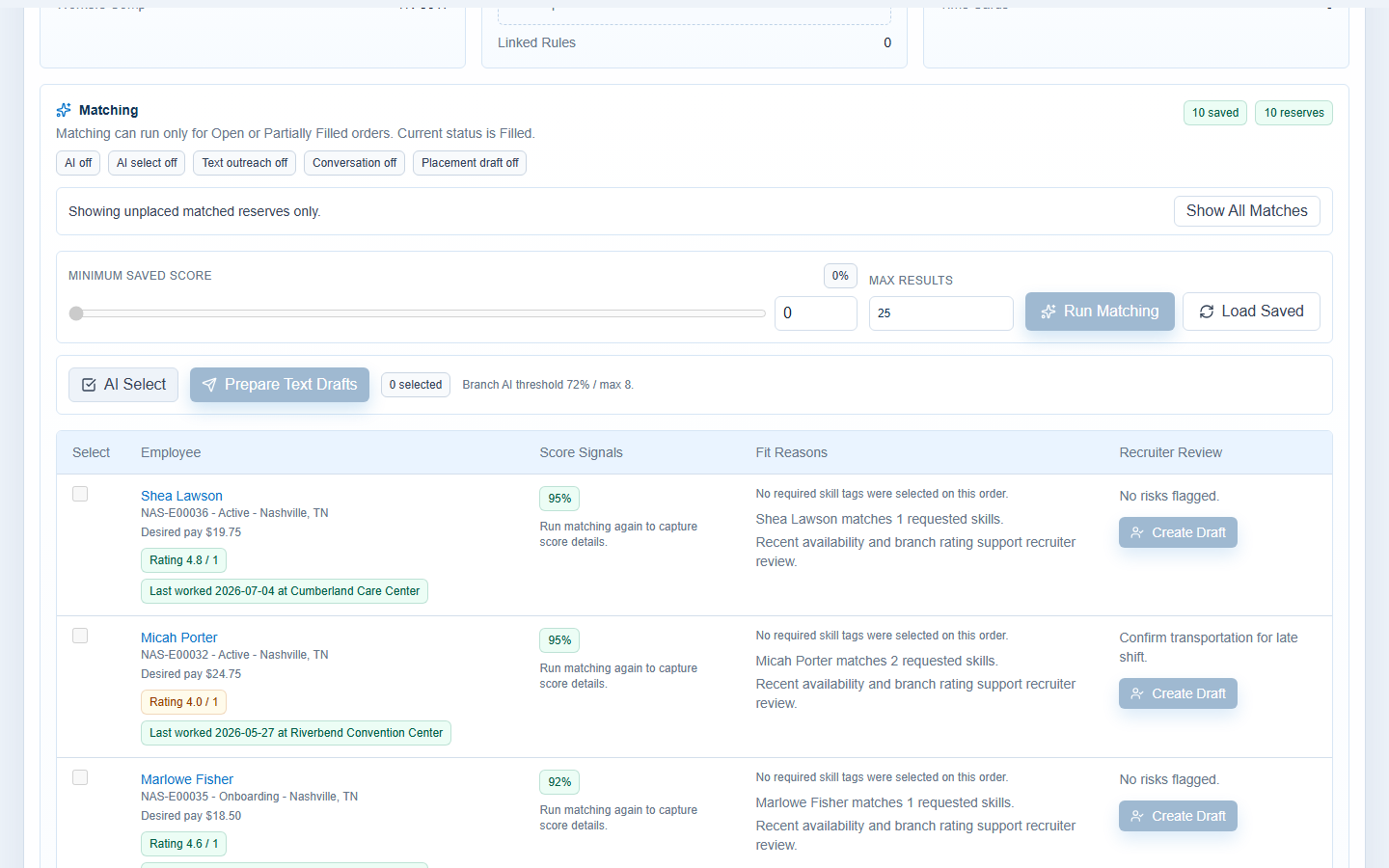 StaffPilot Pro AI reserve matching view