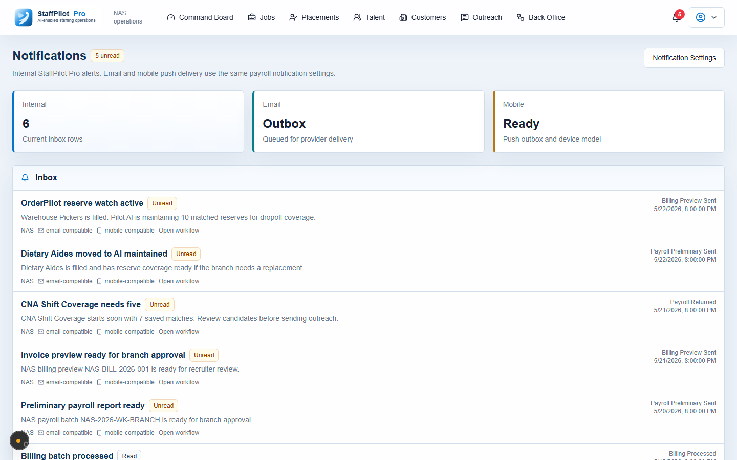 StaffPilot Pro notifications view